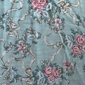 Vintage 70s 80s JCPenney 70"‎ Round Ruffled Tablecloth Blue Pink Rose Ribbon USA